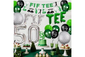 Golf Theme Adult 50th Birthday Party FIF TEE 50 Foil Balloons and Banners Helium Printed Latex Balloon Gift Cake Topper Supplies