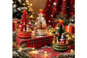 Creative Wooden Rotating Christmas Tree Music Box Cartoon Santa Snowman Ornament Holiday Gift for Kids Home Window Decor