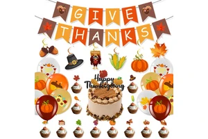 Cross-border Thanksgiving Autumn Maple Leaf Pumpkin Turkey Corn Flag Balloon Cake Card Party Layout Set GIVE THANKS