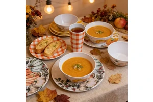 Autumn Thanksgiving Tabletop Dinnerware Sets Melamine with Pumpkin Buffalo Plaid Pattern
