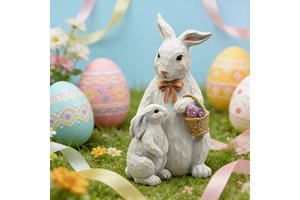 Resin Sculpted Easter Bunny Family Statue Mother and Baby Rabbit Figurine with Easter Egg Basket B2B Wholesale Supply