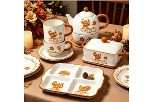 Wholesale Ceramic Dinnerware Set Orange Turkey Pumpkin Design Thanksgiving Tableware for Home Kitchen Restaurant