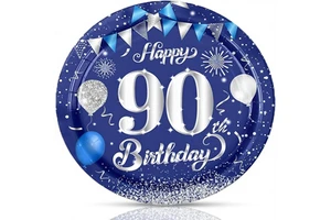 90th Birthday Party Supplies 50Pcs 7" Navy Blue Silver Disposable Paper Plates Tableware Kit for Men/Women Decorations