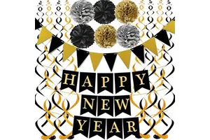Black Theme Happy New Year Decoration Set with Gold Black Paper Flag Bunting Swirl Streamers and Pom Poms for New Year Party