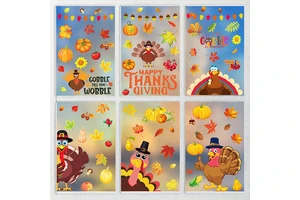 Thanksgiving PVC Window Sticker with Cartoon Turkey Maple Leaves Design Static Cling Glass Door Decoration Seamless Adhesive