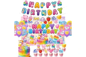Cute Food Themed Birthday Decor Kit Party Backdrop Balloons Banners and Cake Toppers for Colorful Celebration Kids Party
