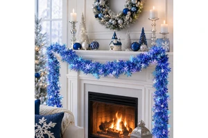 Blue Snowflake Christmas Tinsel Garland Metallic Holiday Decoration for Tree Fireplace Staircase Party