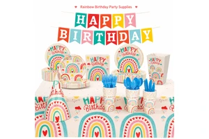 Rainbow Birthday Party Supplies Set Disposable Tableware Kit for Kids Decoration Eco-Friendly Paper Plates Cups Napkins Banner