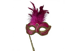 Halloween Plastic Pink Feather Venetian Half-Face Party Masks Decoration Prop with Gold Trim and Handheld Feathers for Adults