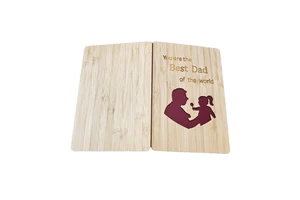 Handmade Natural Material Bamboo Wood Happy Father's Day Engraved Greeting Card with Customized Logo-DIY Craft Gift for Dad