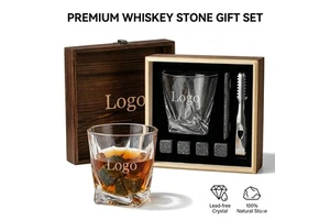 Novelty Eco-Friendly Personalized Father Whiskey Gift Set Custom Twist Glass Stone with Wooden Box Birthday Gift for Men