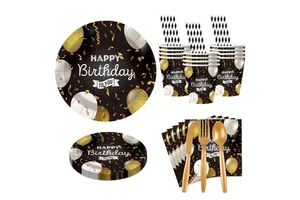 10 Guests Disposable Birthday Party Tableware Set Black and Gold Paper Banner Tablecloth Plate Cup Knife Fork Spoon Bulk Pack