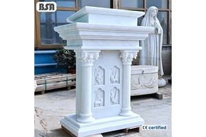 BSA Hand Carved White Marble Church Ambo Pulpit, Four Evangelists Symbols Stone Lectern For Cathedral Chapel Decoration