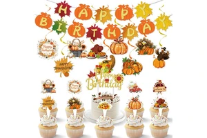 Thanksgiving Holiday Supplies Autumn Maple Leaf Pumpkin Turkey Banner Cupcake Topper Disposable Party Decoration Set