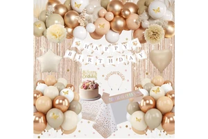 Beige Brown Women Girls Birthday Party Banner Curtain Cake Toppers Tiara Sash Table Cloth and Metallic Balloons Garland Supplies