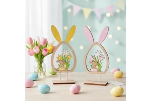 New Easter Bunny Decoration Easter Egg Shape Wood Pink Yellow DIY Tabletop Ornament Spring Gift