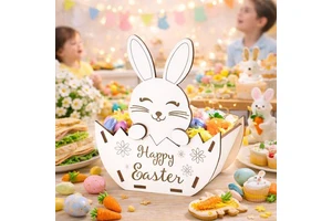 Wholesale New Easter Decoration Wooden Craft Egg Basket Easter Party Children's Toy Atmosphere Stand-Up Sign Wooden Ornament