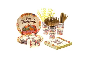 Happy Thanksgiving Theme Disposable Dinner Tableware Set Thanksgiving Day Harvest Theme Charger Plate Customized Drinking Ware