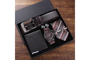 Exquisite Father's Day Gift Set-Luxury Stainless Steel Premium Belt Wallet Tie Large Dial Quartz Watch Random Cufflinks for Men
