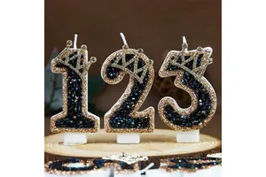 Glitter Black Birthday Cake Candles 3D Number 0-9 Cake Topper for Adult Kids 1st Birthday Party Decoration Supplies DIY Baking