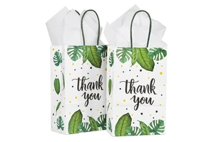 KM Paper Shopping Bag with Handles Tropical Print 'Thank You' Party Favor for Birthday & Wedding Thanksgiving Holiday Supplies