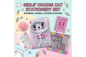 Cute Girls Stationery Gift Set Kitty Plush Notebook Pom Pom Pen Stickers Spiral Journal Kids Birthday Christmas Present