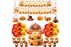 Thanksgiving Turkey Themed Party Supplies Banner Bunting Hanging Swirl Balloons Tablecloth Cake Topper for Thanksgiving Decor