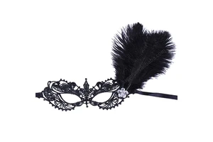 Venice Masquerade Female Lace Feather Mask Sexy Black Lace Party Eye Mask with Feather