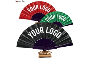 Custom Logo Glitter Fabric Gift Plastic Handle Hand Fan For Dance, Music Festival, Carnival