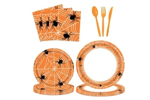 Bulk Spider Web Halloween Tableware Set, Disposable Party Plates Napkins Cutlery for Halloween Birthday Party Supplies