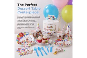 Cartoon Balloon Print Disposable Birthday Kit Complete Paper Plates Cups Party Decor for Toddler 1st Birthday Baby Shower