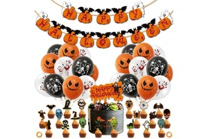 Xuance Halloween Decorations Supplies Halloween Banner Bat Ghost Blood Hand Print Balloon Cake Topper Kids Party Supplies X9131