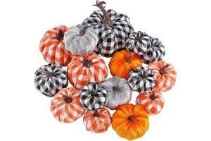 16 Pack Thanksgiving Decorations Artificial Pumpkins, Fabric Assorted Sizes Plaid Black White Orange Fall Decorations