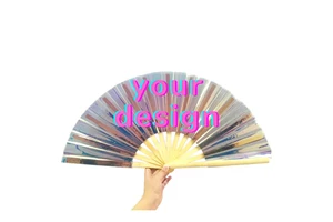 Holographic Large Reflective Hand Fan 33cm Spider Like Reflective Fan High Premium Bamboo Clack Rave Fan For Party Use