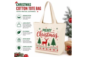 Custom Merry Christmas Festive Design Reusable Durable Portable Bag Large Capacity Eco Friendly Shopping Gift Cotton Canvas Tote