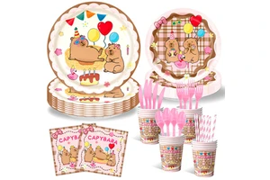 Cartoon Pink Kapibala Theme Children's Birthday Party Tableware Disposable Paper Plates Paper Cups Paper Towels Banner Supplies