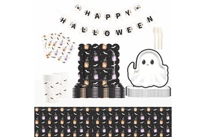 Halloween Party Pumpkin Ghost-themed Decoration Set Including Disposable Banner Paper Plates, Paper Cups and Paper Towels