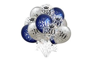 30th Birthday Durable Latex Balloons 15 Pcs Blue Silver Navy Confetti Decorations for Adults Unisex Party Supplies