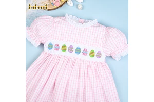 Girls O-Neck Long Bishop Dress Hand Smocked Embroidery Easter Bunny Dot Print Casual Midi Spring Summer Birthdays