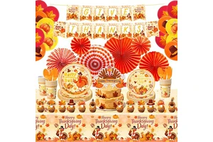 Thanksgiving Party Kit Give Thanks Banner Disposable Tableware Paper Fans Pumpkin Balloon Cake Topper Fall Harvest Dinner Decor