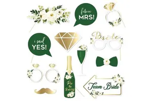 12pcs Fashion Wedding Photo Booth Props Green Cartoon Theme 350gsm Card Roses Party Decor Bridal Shower Graduation Christmas New