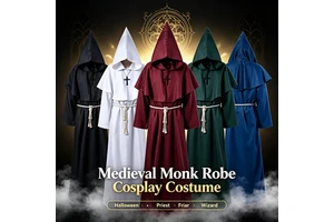 Halloween Medieval Adult Unisex Hooded Monk Robe Cosplay Costume MAH07 Wizard Priest Friar Fancy Dress Cape with Hood