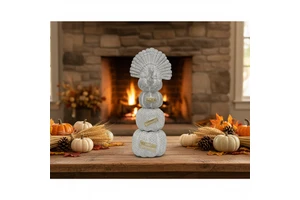 Resin Sculpted Stacked Turkey Pumpkin Thanksgiving Fall Decor 'FALL GIVE THANKS HAPPY THANKSGIVING' Text
