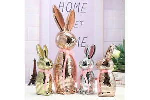 High Quality Handmade Glass Foam Reflective Mirror Ball Disco Rabbit Statue Gold/Silver/Red Easter Qixi Decoration Decor