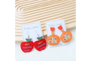 Thanksgiving Theme Earring Set (Best Teacher Apple + Give Thanks Pumpkin) Cute Acrylic Jewelry Hot Selling for Women
