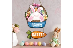 Factory Price New Easter Decoration Tri-Color Wooden Craft Easter Bunny Door Sign Creative Decorative Plaque Wooden Hanging