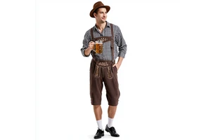 Men's Oktoberfest Costume Set Black White Gingham Long Sleeve Shirt Brown Shorts Bavarian German Beer Festival Outfit