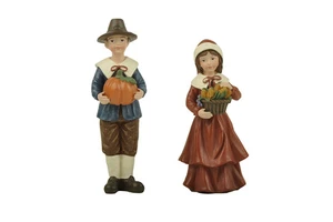 Thanksgiving Day 4.57'' Resin Crafts S/2 Holding Corn & Pumpkin Girl & Boy Indoor Thanksgiving Fall Autumn Home Decorations