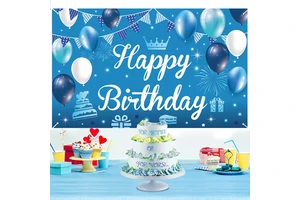 Blue Happy Birthday Backdrop for Adults Boys Babies Durable Polyester 150x90cm Party Banner Balloons Wall Decorations Custom
