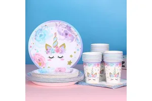 Modern Purple Unicorn Theme Children's Birthday Party Disposable Food Grade Paper Plates and Dinnerware Set